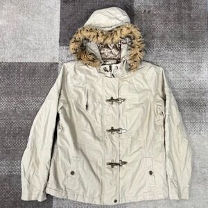 Y2K Old Navy Women's Beige Hooded Toggle Jacket Fur Trim Size XL